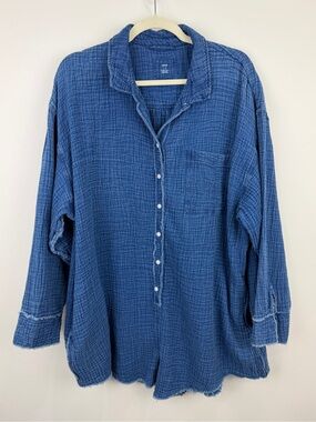 Aerie Blue Gauze Romper Button Front Raw Hem Boho Beachcore L
